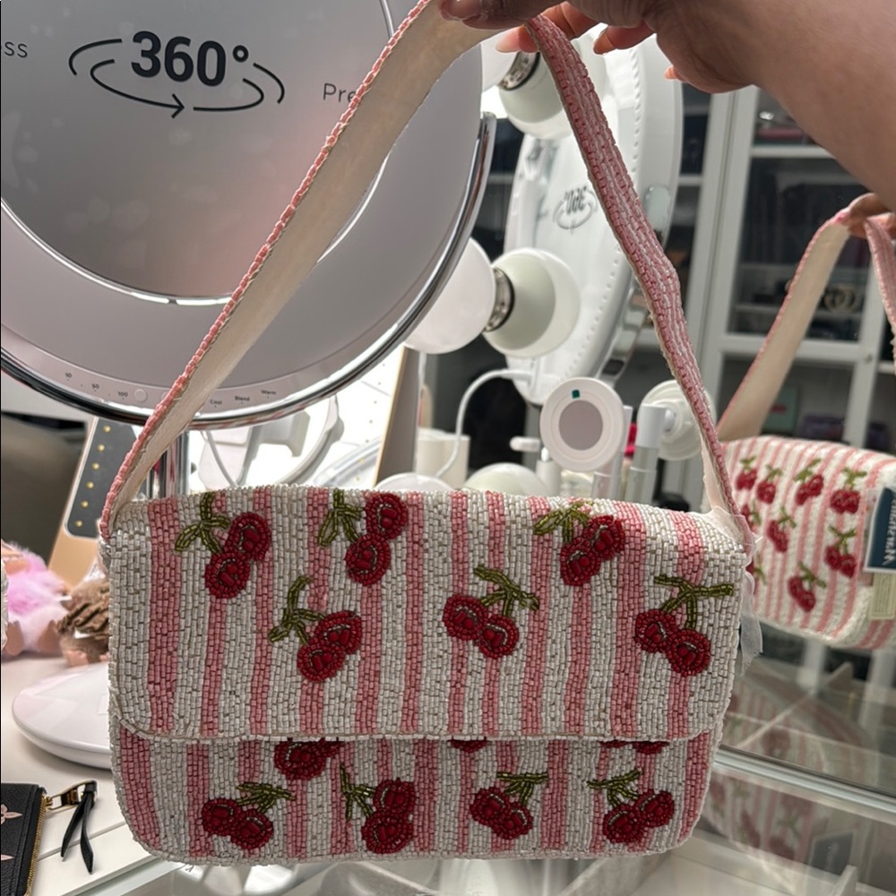Cherry Beaded Pink and White Shoulder Bag